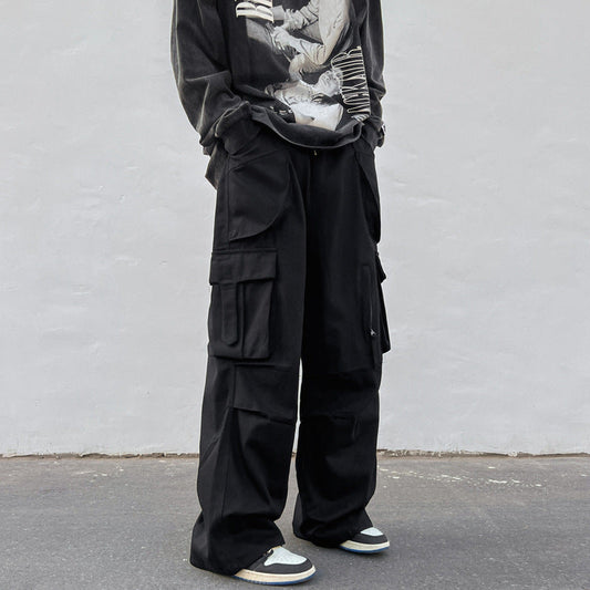 calça cargo larga estilo streetwear hip hop com multiplos bolsos