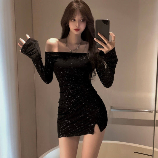 Vestido de um ombro feminino auto-cultivo manga longa com diamante incrustado bolsa irregular saia de quadril primavera e outono saia preta