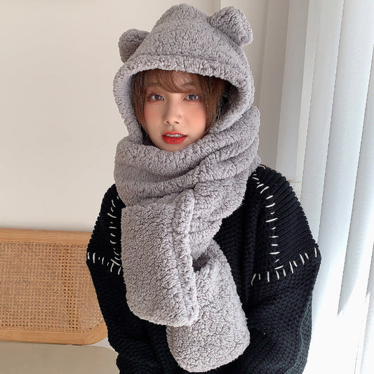 Chapéu de urso cachecol com luvas de veludo algodão protetor