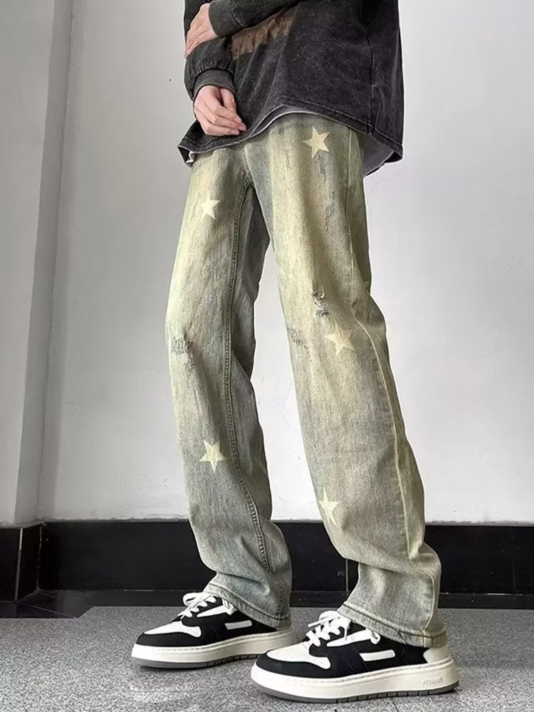 Jeans estilo americano high street marca de moda masculina calças largas retrô velhas