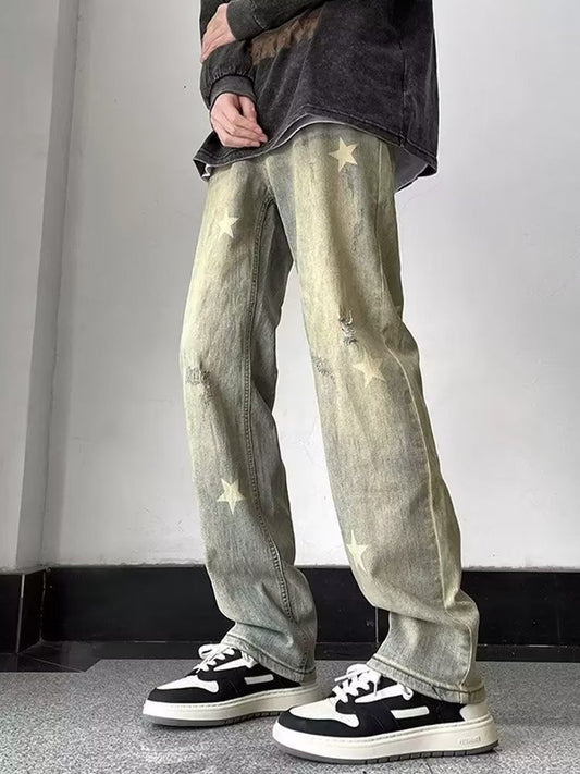 Jeans estilo americano high street marca de moda masculina calças largas retrô velhas