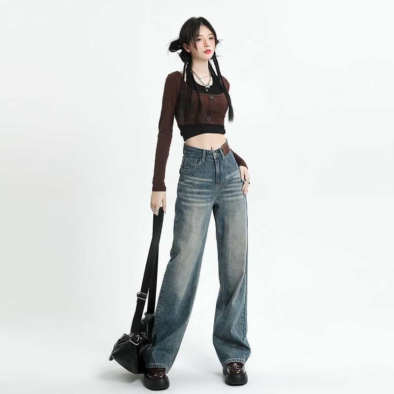Retro calças de perna larga feminina primavera e outono 2023