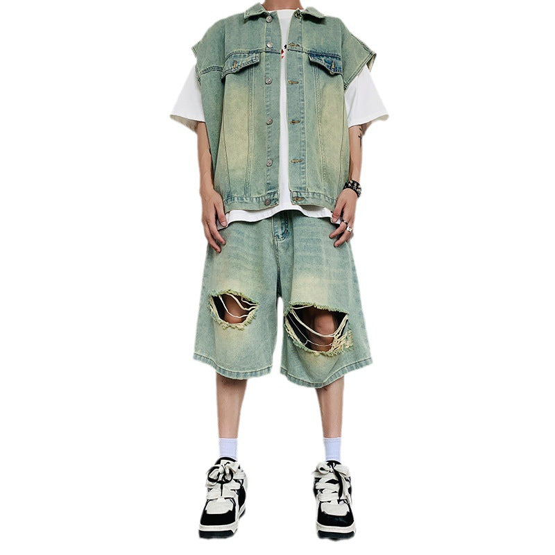 conjunto de jaqueta e shorts jeans largo estilo hip hop streetwear