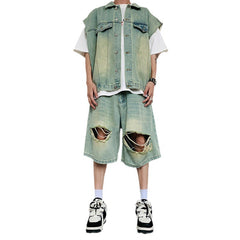 conjunto de jaqueta e shorts jeans largo estilo hip hop streetwear