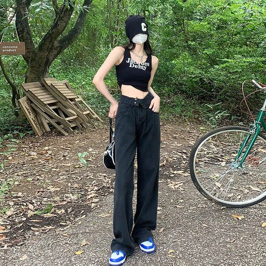 jeans preto de perna larga feminino