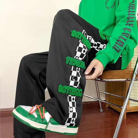 Calça de perna larga xadrez estampada com toalha de rua meninos primavera e outono drapeado solto tendência reta calças esportivas casuais