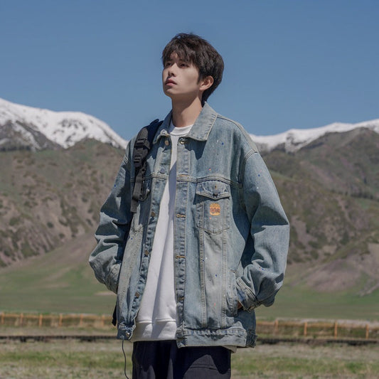 jaqueta jeans masculina com multi bolsos high street