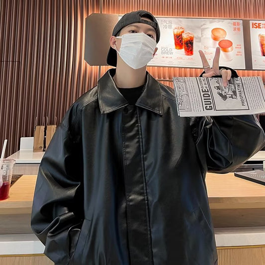 jaqueta de couro masculina estilo motoqueiro com gola