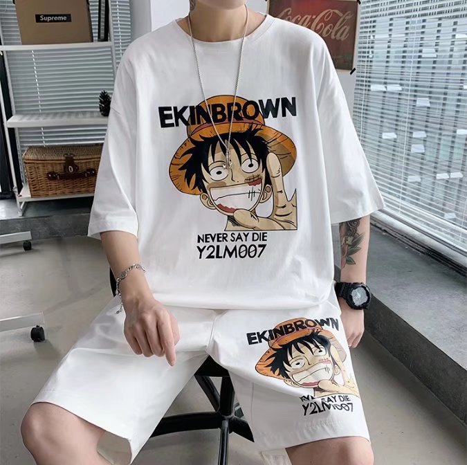 One Piece verão Hong Kong style loose short-sleeved same style handsome set tide