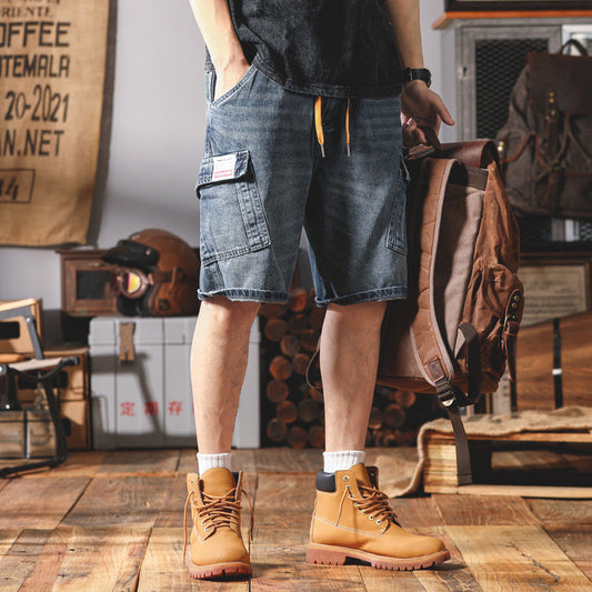 shorts americano casual jeans masculino verão com bolsos grandes calções com cinto