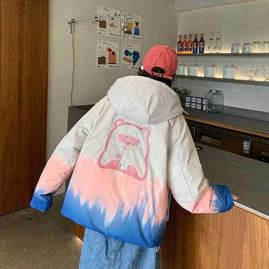 jaqueta com touca unissex com desenho de ursinho estampado estilo high street