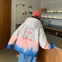 jaqueta com touca unissex com desenho de ursinho estampado estilo high street