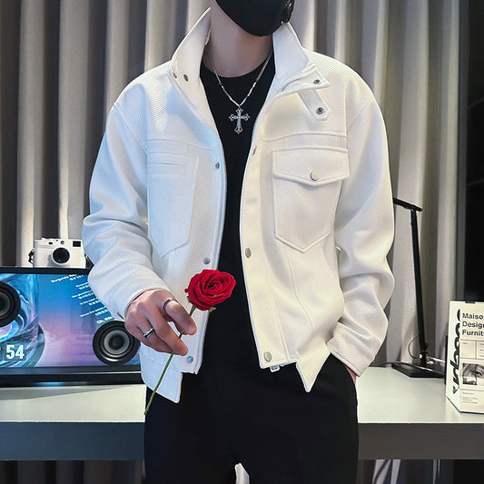 jaqueta jeans masculina com multi bolsos gola estilo streetwear