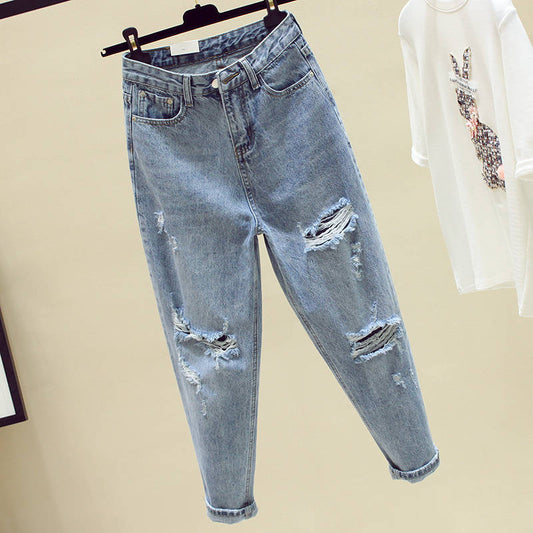 Calça jeans larga feminina rasgada de cintura alta calças finas soltos retas primavera e verão novas harém