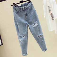 Calça jeans larga feminina rasgada de cintura alta calças finas soltos retas primavera e verão novas harém