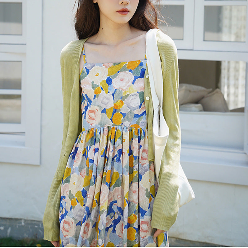 Saia suspensório floral fresco pequeno verão retrô doce vento suave saia de praia