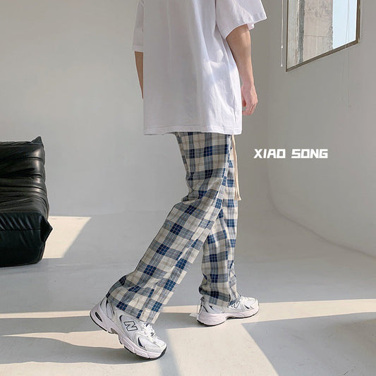 Calça casual xadrez de verão masculina