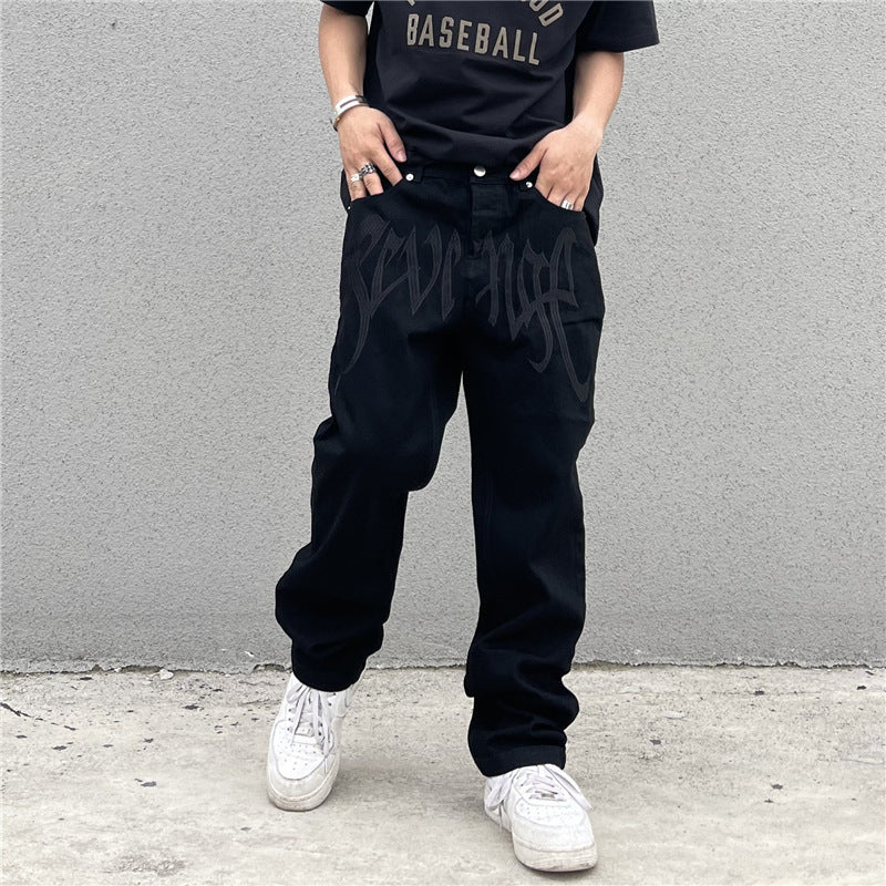 calça Jeans larga preto high street estilo americano