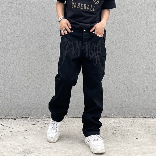 calça Jeans larga preto high street estilo americano