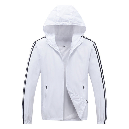 Jaqueta corta vento masculina com zíper e listra no braço