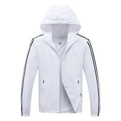 Jaqueta corta vento masculina com zíper e listra no braço