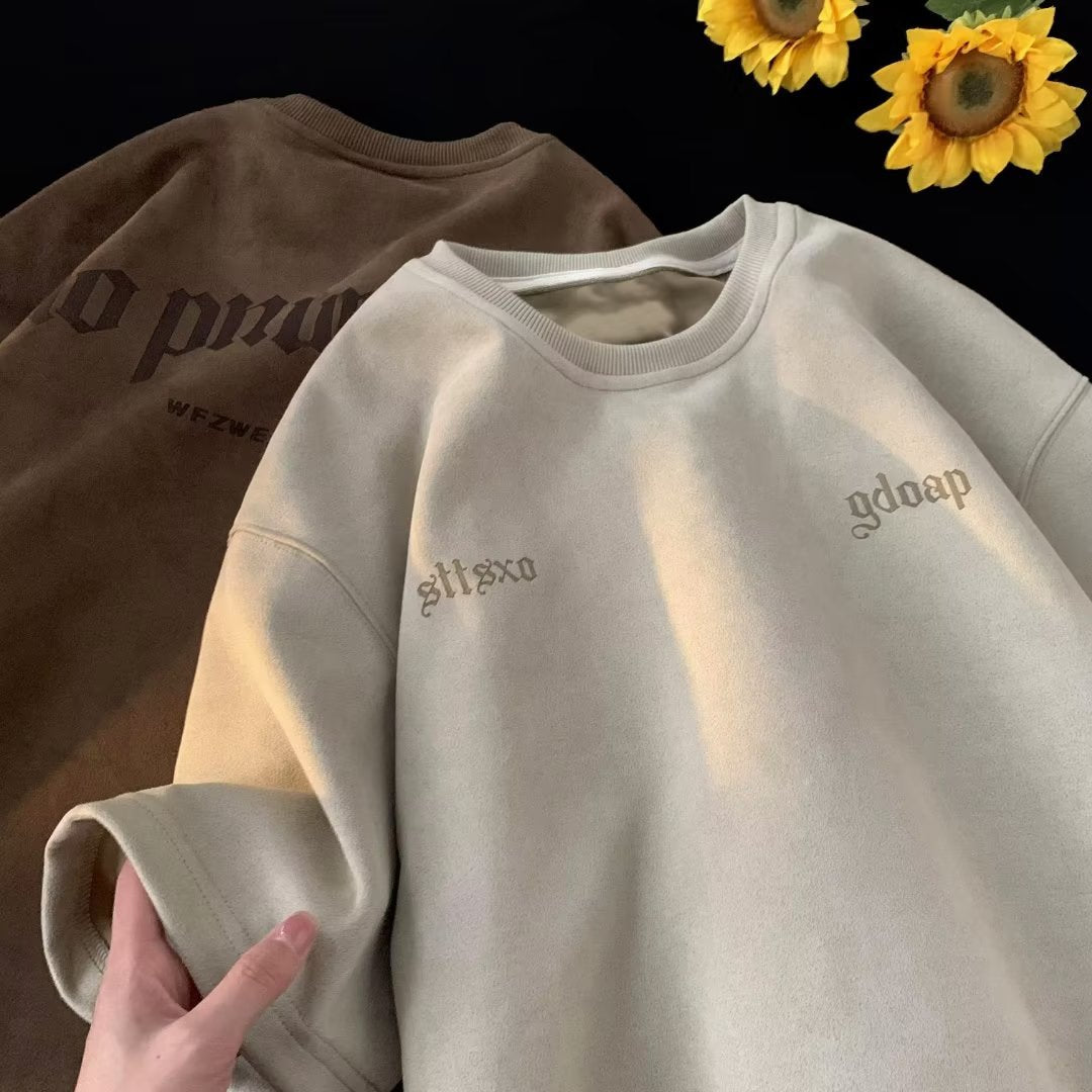 T-shirt de camurça de manga curta estilo coreano estilo coreano na moda simples top de manga curta estilo Hong Kong solto casual maré