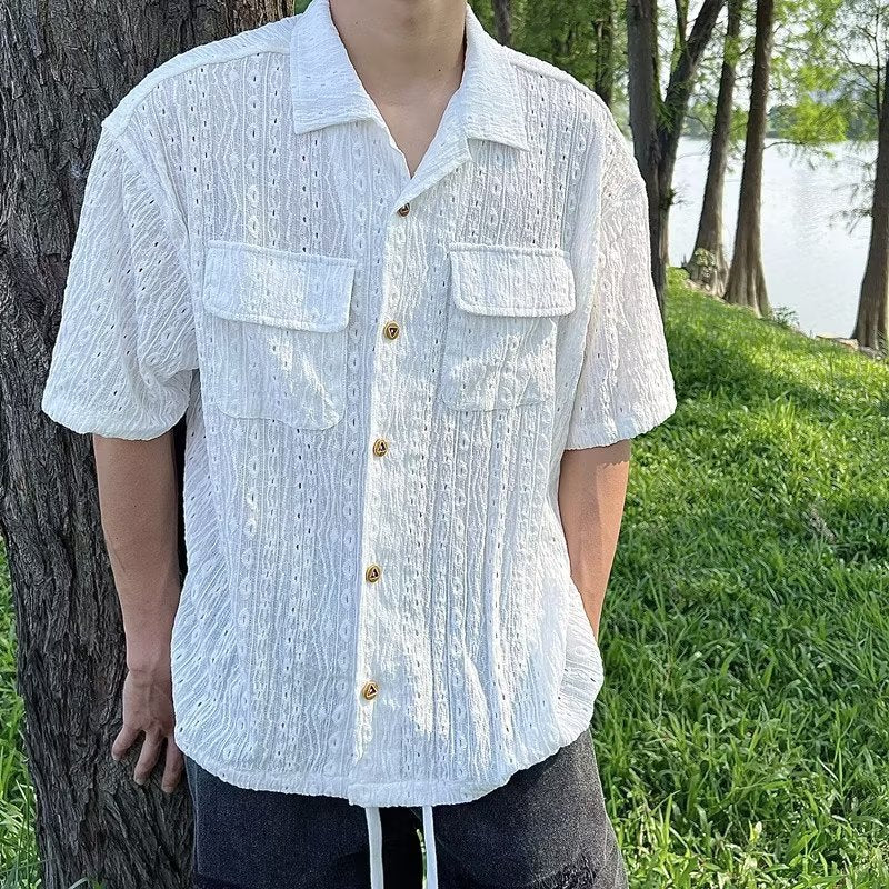 Camisa de gola cubana solta estilo japonesa