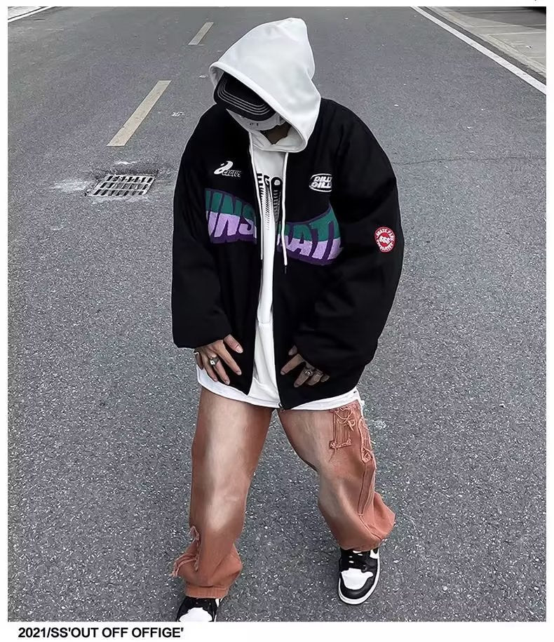 Uniforme de beisebol de hip-hop de rua americano, letras reunidas, bordado, vibração, tamanho grande, casaco de casal