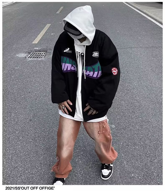 Uniforme de beisebol de hip-hop de rua americano, letras reunidas, bordado, vibração, tamanho grande, casaco de casal