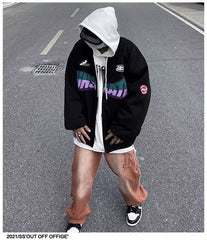 Uniforme de beisebol de hip-hop de rua americano, letras reunidas, bordado, vibração, tamanho grande, casaco de casal