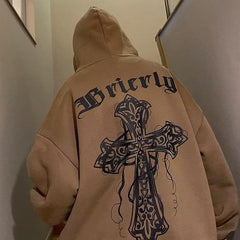 moletom largo com touca e letras bordadas frente e verso