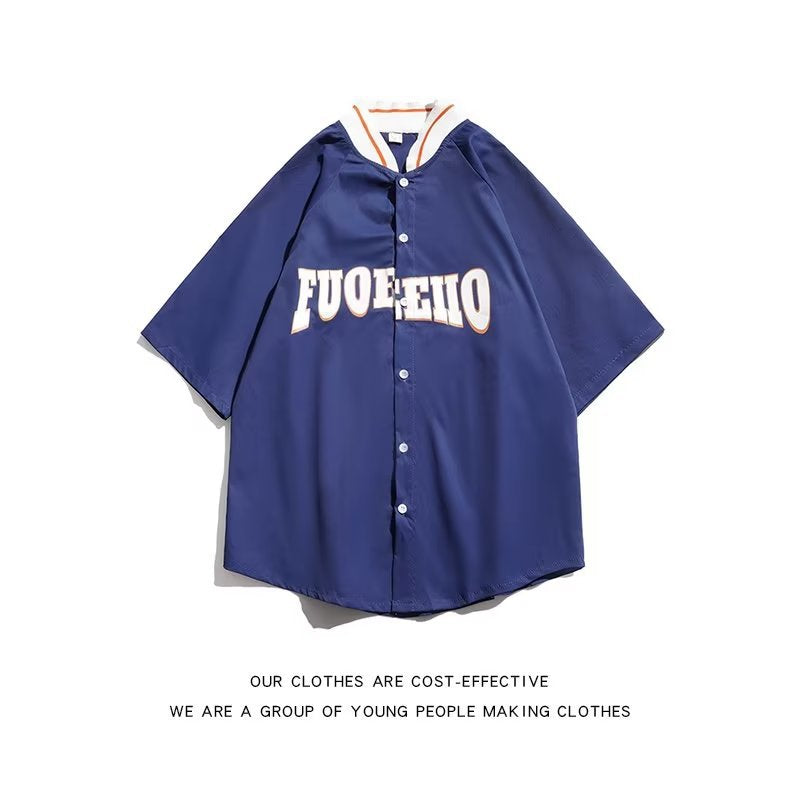 American hip-hop gola de beisebol camisa de manga curta masculina verão maré marca carta impressão camisa solta comércio exterior geração douyin