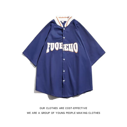 American hip-hop gola de beisebol camisa de manga curta masculina verão maré marca carta impressão camisa solta comércio exterior geração douyin