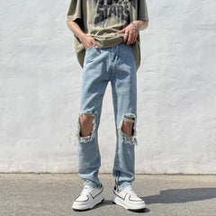calça jeans masculina estilo streetwear com joelhos rasgados