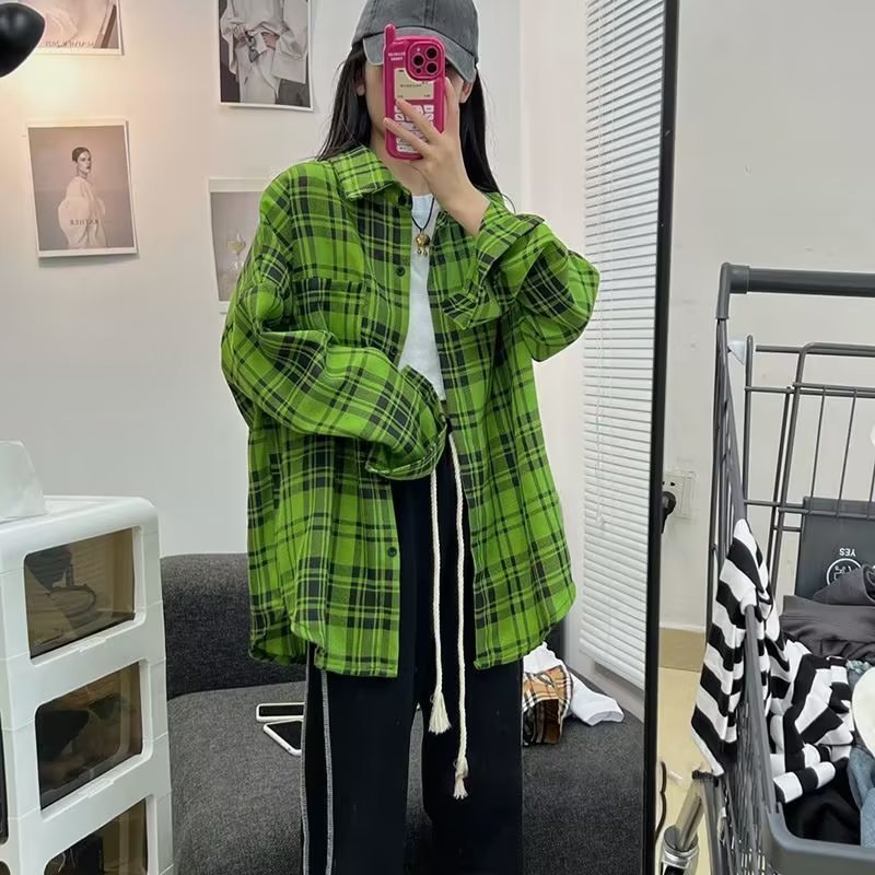 Retro green plaid shirt men's spring and autumn American design sense niche long-sleeved jacket loose shirt ins trend 6
