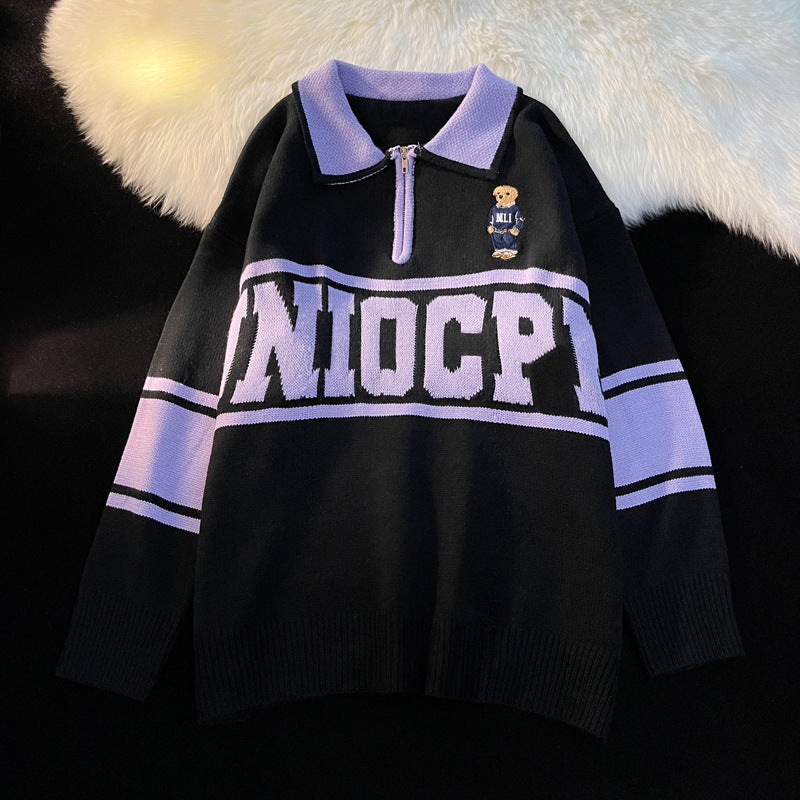 sueter masculino com gola e ziper estilo streetwear com desenho bordado