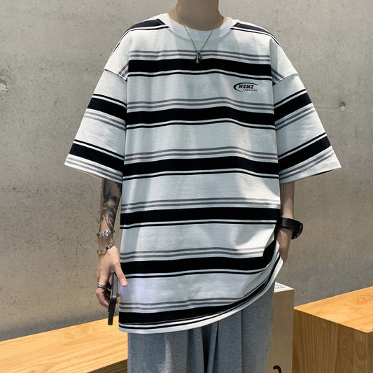 Camiseta listrada japonesa masculina de manga curta verão retro