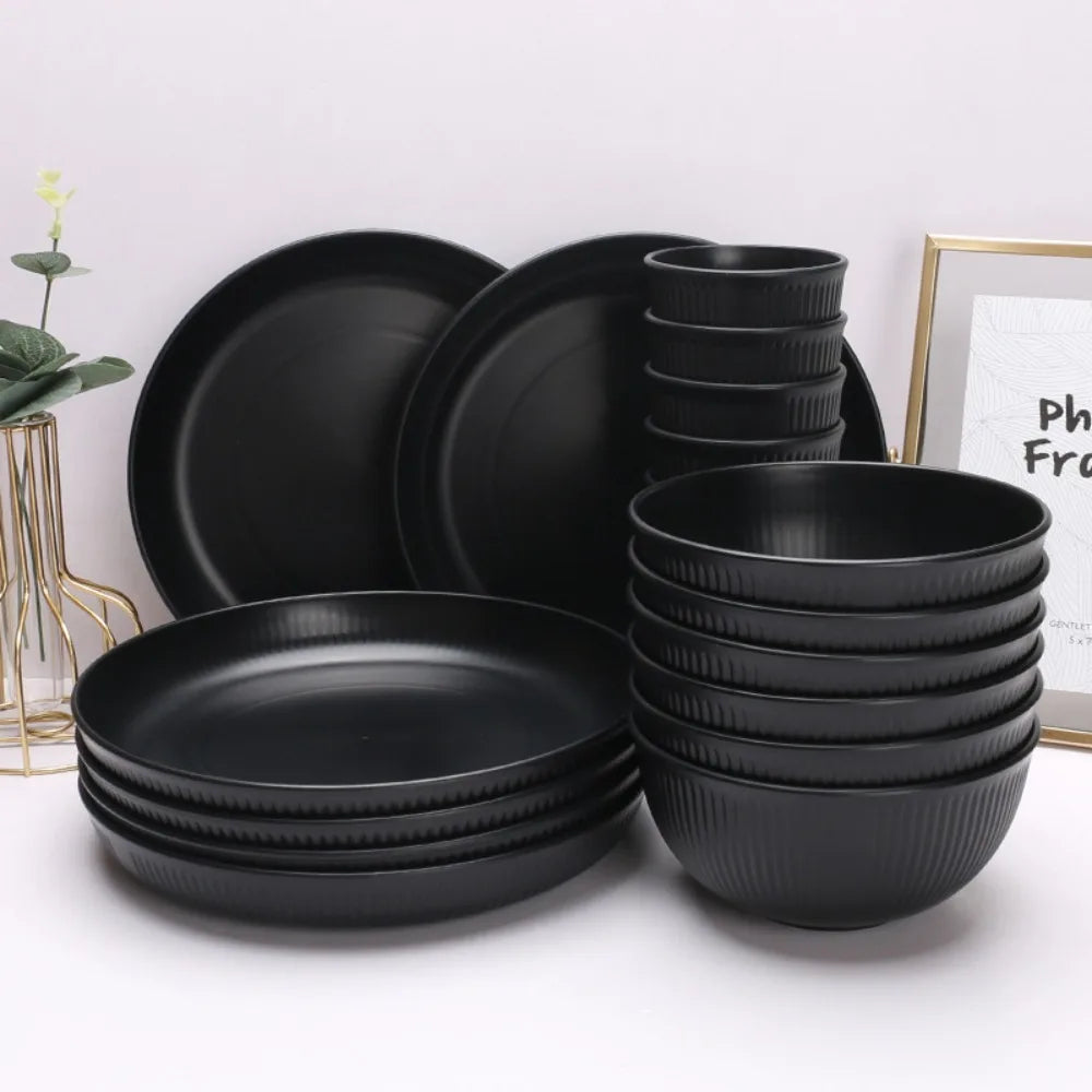 Preto Conjunto De Louça Com Listras Verticais, Eco-Friendly, Plástico, Anti-Queda, Prato, Tigela, Copa, Conjunto De Talheres, Ao Ar Livre, 3pcs