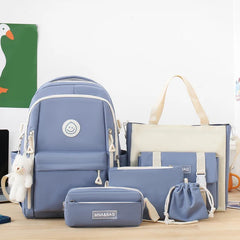 Grande capacidade lona Patchwork mochila, estudantes leve Bookbag, mochila com kit de bolso anti-roubo, conjunto combinado, 5pcs