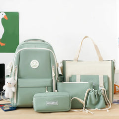 Grande capacidade lona Patchwork mochila, estudantes leve Bookbag, mochila com kit de bolso anti-roubo, conjunto combinado, 5pcs