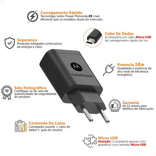 Carregador De Parede Motorola Turbo Power 18w - Cabo Micro Usb