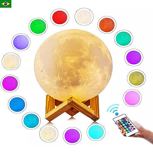 Luminária Lua Cheia 3d Abajur Usb Touch 16 Cores C/controle