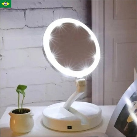 Espelho De Luz Led Dobravel Aumenta 10x Maquiagem Portáti