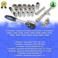 Jogo Soquetes 22 Peças 10 A 32mm Kit De Ferramentas Completo
