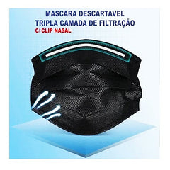 Kit 50 Máscara Descartável Tripla Proteção Clipe Nasal