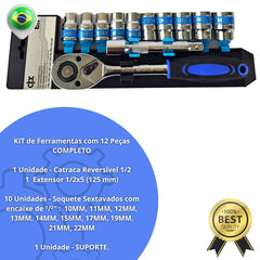 Jogo Soquetes 12 Peças 10 A 22mm Kit De Ferramentas Completo