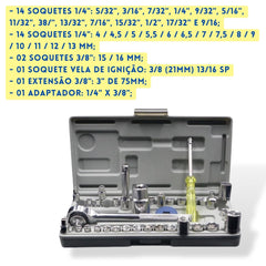 KIT Ferramentas Jogo Com 40 Peças Soquetes de Chave Catraca, Canhão Cachimbo